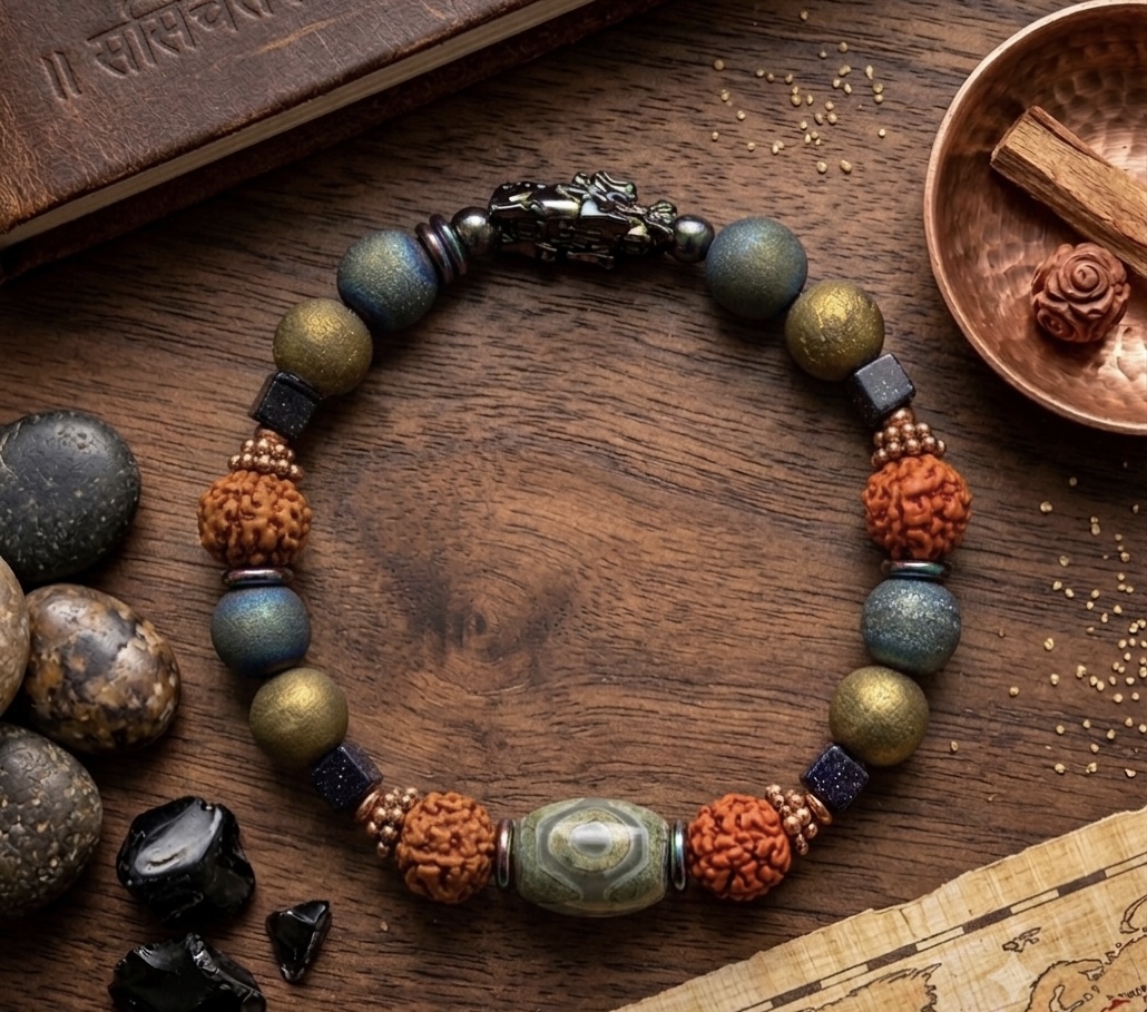 Handcrafted natural stone bracelet displayed on a textured stone surface for mindful energy jewelry
