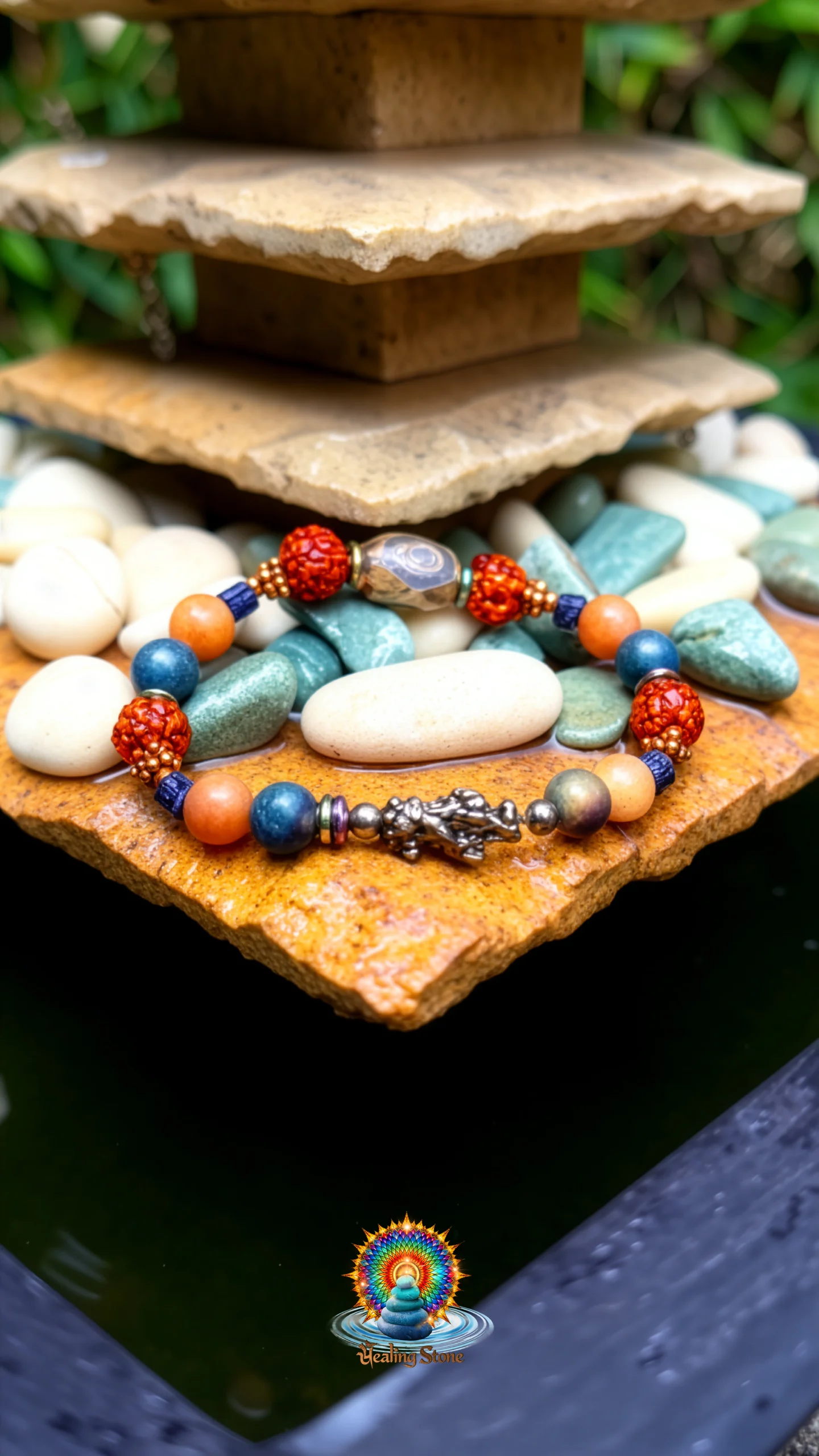 Natural stone bracelet displayed in an earthy setting for calm clarity and mindful energy.