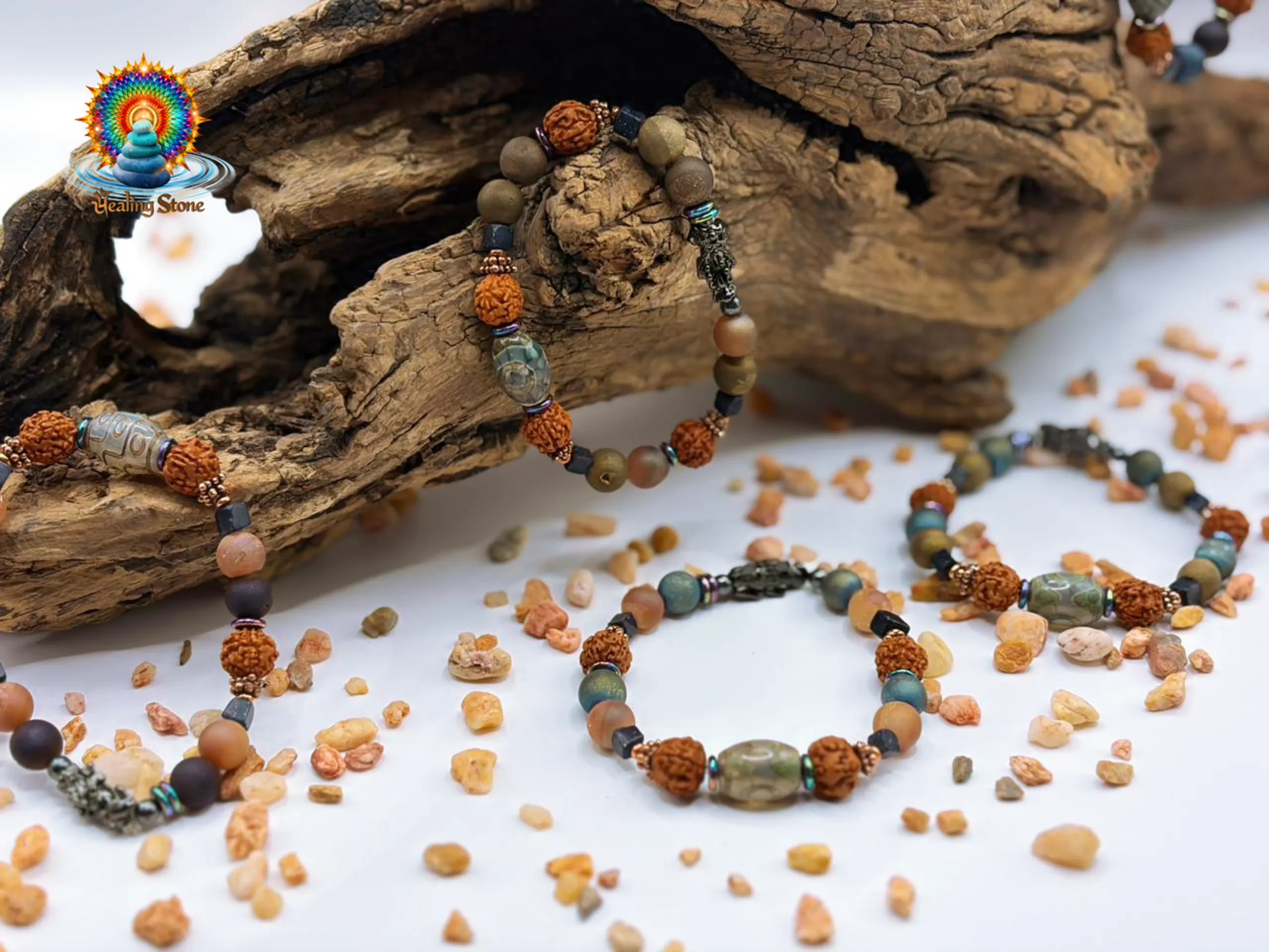 Close-up of a handcrafted natural stone bracelet with earthy beads and mindful design.
