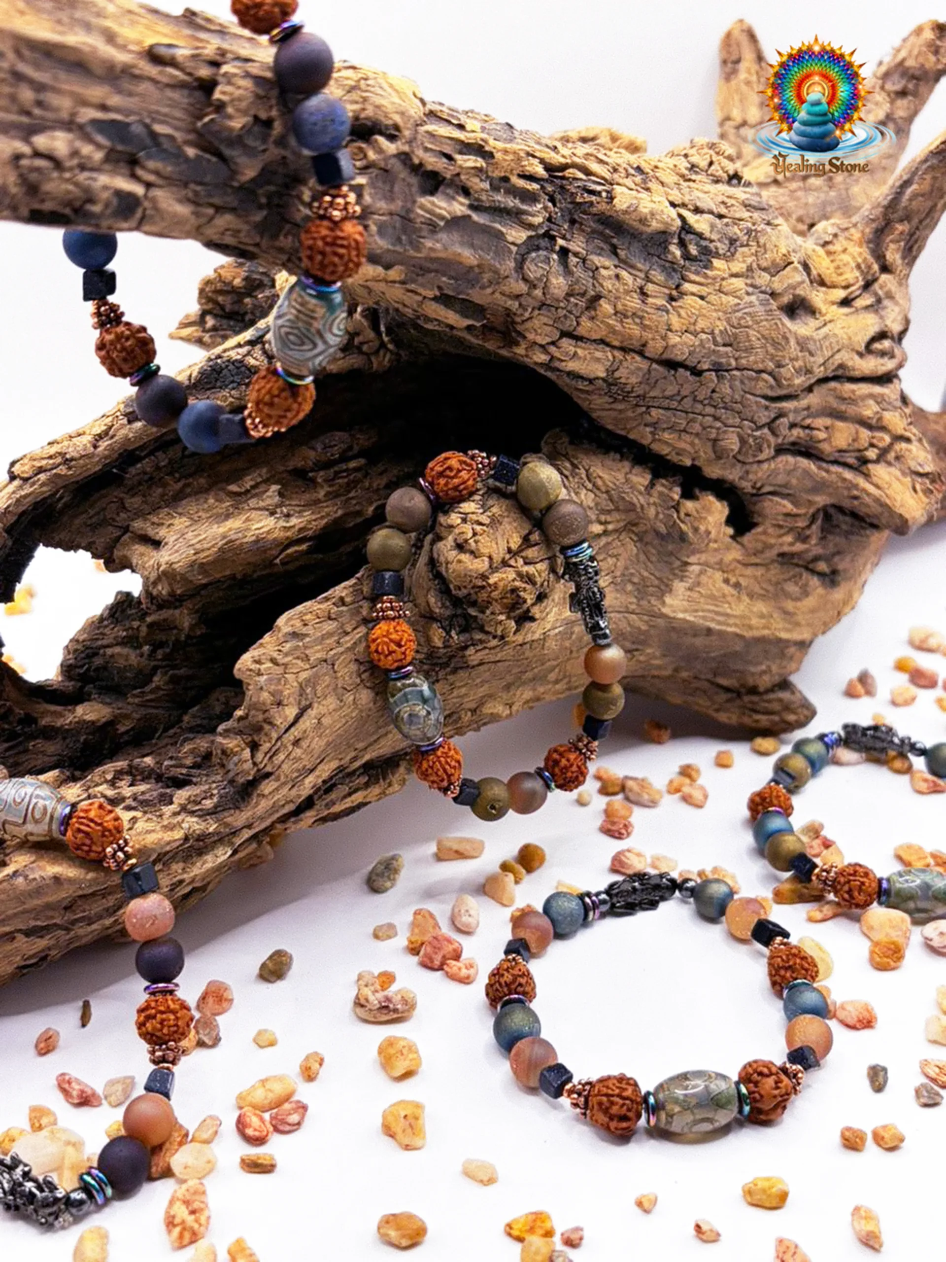 Handmade natural stone bracelet with earthy beads representing grounding strength and protection energy.